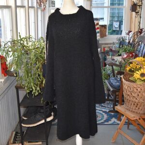 Y2K Angie Black Fuzzy Knit Sweater Dress L Openwork Sleeve Midi Goth Boho